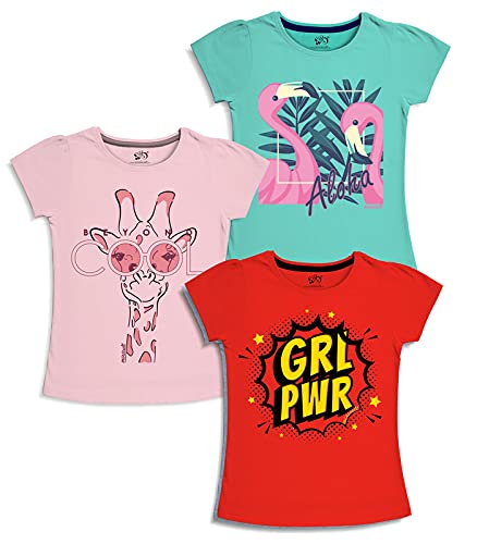 minicult Girls Half sleeeves Cotton T-shirt with Cute Prints and Colorful (Multicolor)(Pack of 3)
