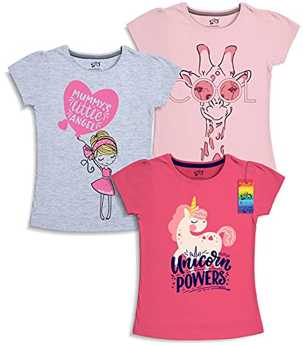 minicult Girls Half sleeves Cotton T-shirt with Cute Prints and Colorful (Unicorn)(Pack of 3) Pink