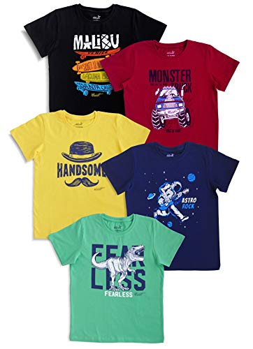 minicult Cotton Half Sleeve Kids Tshirt with Chest Print and Bright Colors(Green)(Pack of 5)