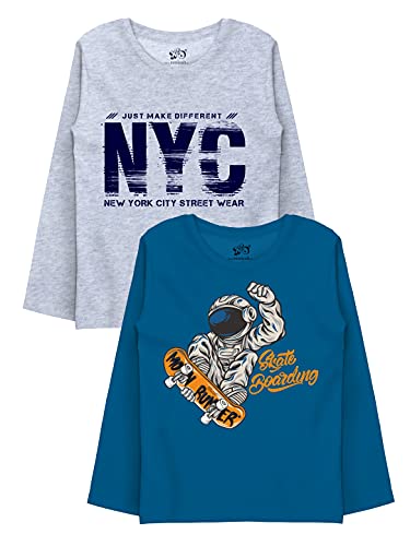 minicult Cotton Printed Full Sleeve T Shirts for Boys(Pack of 2)(Blue 1)