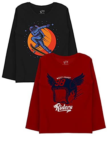 minicult Cotton Printed Full Sleeve T Shirts for Boys(Pack of 2)(Maroon 2)