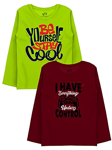 minicult Cotton Printed Full Sleeve T Shirts for Boys(Pack of 2)(Maroon)