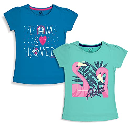 minicult Girls Half sleeeves Cotton Tshirt with Cute Prints and Colorfull (B006)(Pack of 2) Blue