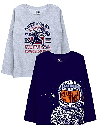 minicult Cotton Printed Full Sleeve T Shirts for Boys(Pack of 2)(Navy-1)