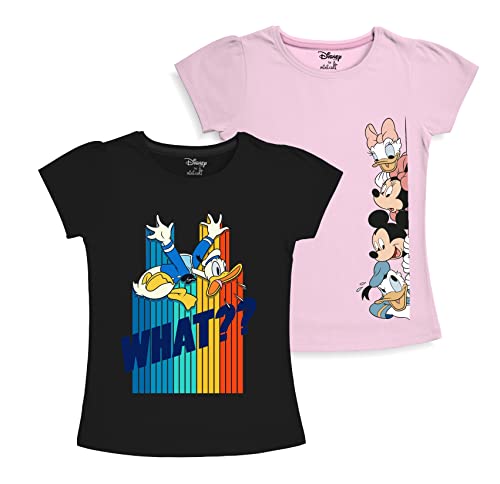 minicult Disney Mickey Mouse and Friends Regular Fit Character Printed Half Sleeves Tshirt for Girls (Black b36)(Pack of 2)(18-24 Months)