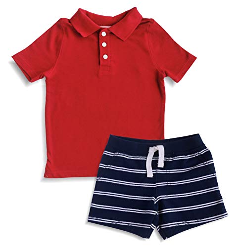 Minicult Cotton Baby Tshirt with Collar and Half Sleeve and Shorts Set (Red & Navy) (Assorted)