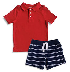 Minicult Cotton Baby Tshirt with Collar and Half Sleeve and Shorts Set (Red & Navy) (Assorted)
