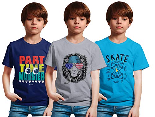 minicult Cotton Boys Half Sleeve Kids Tshirt with Chest Print and Bright Colors(Multicolor)(Pack of 3) Turquoise