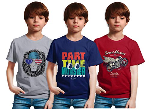 minicult Cotton Boys Half Sleeve Kids Tshirt with Chest Print and Bright Colors(Multicolor)(Pack of 3) DarkBlue