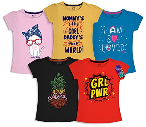 minicult Girls Half sleeves Cotton T-shirt with Cute Prints and Colorful (Pink) (Pack of 5)
