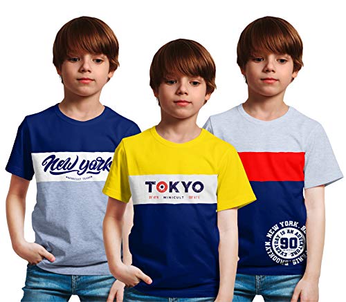 minicult Cotton Boys Tshirt Cut and sew Pattern with Chest Print (Pack of 3)(Navy)