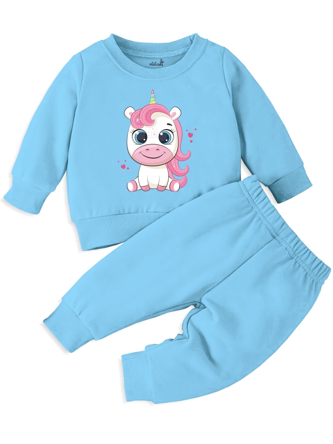 minicult cotton Kids Coordinated sweatshirt and pant set with character print (UNICORN BLUE)(Pack of 1)(0-3 MTS)