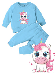 minicult cotton Kids Coordinated sweatshirt and pant set with character print (UNICORN BLUE)(Pack of 1)(0-3 MTS)
