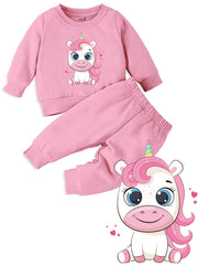 minicult cotton Kids Coordinated sweatshirt and pant set with character print (UNICORN PINK)(Pack of 1)(0-3 MTS)